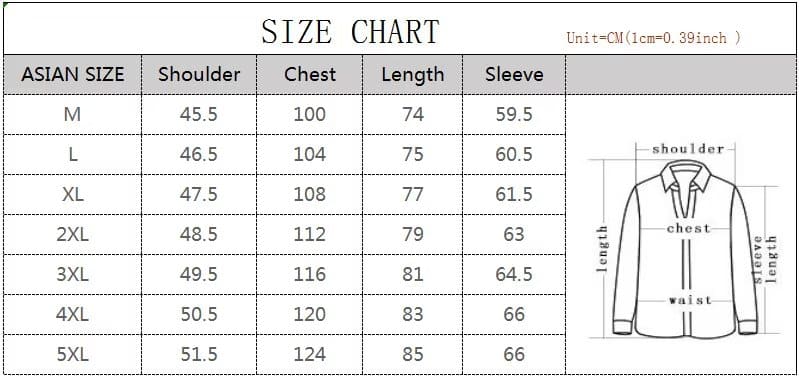 جدول المقاسات